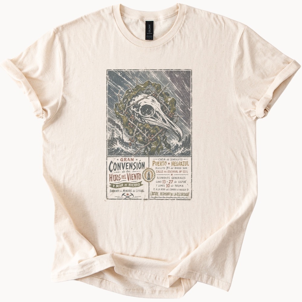 Bird Skull Thorny Vines Graphic Tee Vintage Woodcut Style